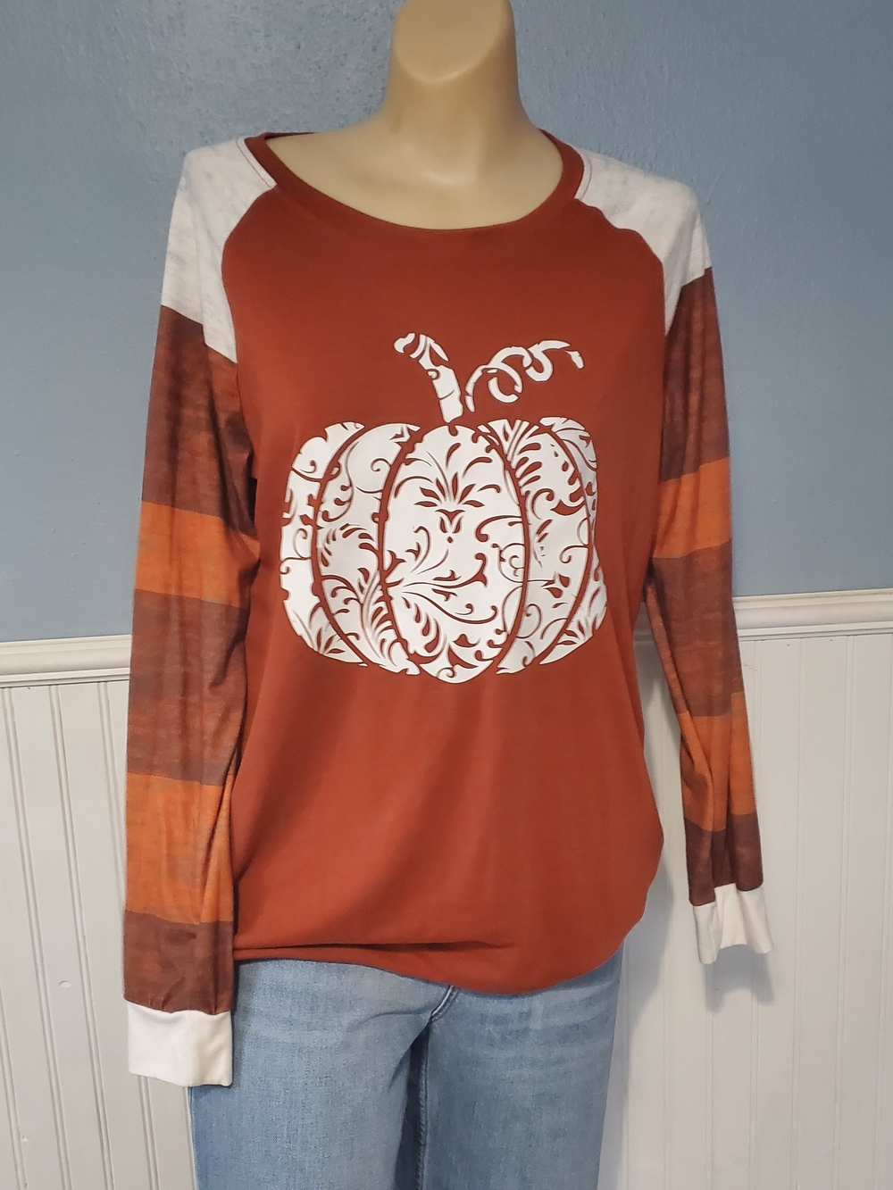 Rust Orange Pumpkin Raglan Long Sleeve Top Size Med. Fall Pumpkin Cozy
